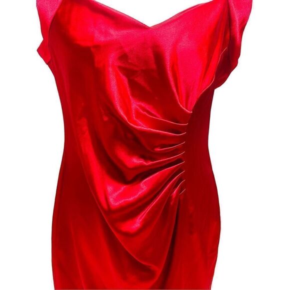 Shelby Nites Vintage Red Sheath Style Sleeveless Satin Midi Dress  With Ruched F - Picture 8 of 16